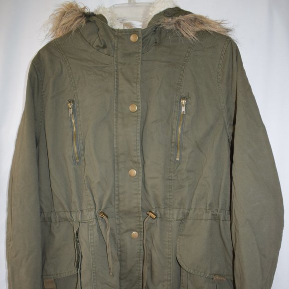 Arizona Jeans Co Green Cargo Sherpa Fur Hood Jacket Size 1X Large Jr Plus - Picture 1 of 5